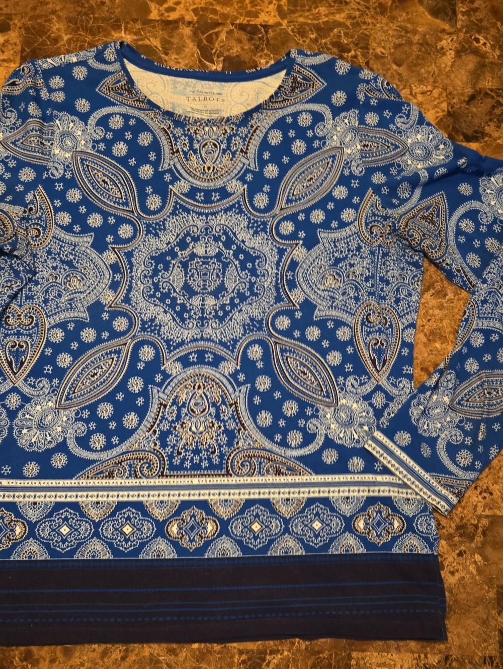 TALBOT's Blue Paisley Long Sleeve Top. Women's Size Medium Cotton Blend
